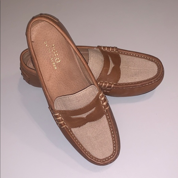 Polo Ralph Lauren Wes II SO Driving Shoes Canvas Leather Men's Brown Loafers 9 - Picture 1 of 13